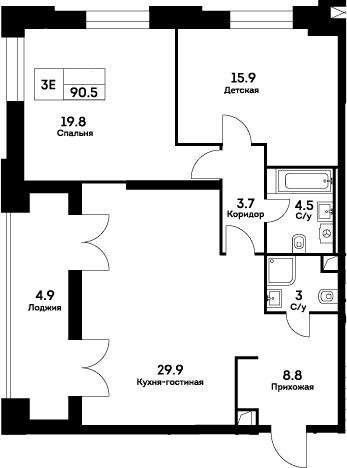 Планировка: Евротрёшка 85,6 м² в ЖК «ЭВЕР»