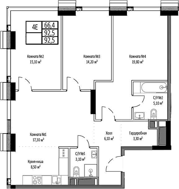 Планировка: Квартира евро-4 92,5 м² в ЖК «Мираполис»