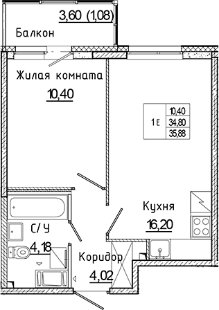 Планировка: Евродвушка 34,8 м² в ЖК «Аквилон Янино»