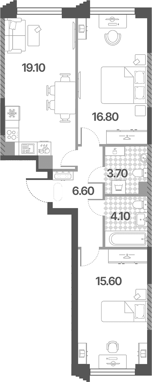 Планировка: Евротрёшка 65,9 м² в ЖК «Обручева 30»