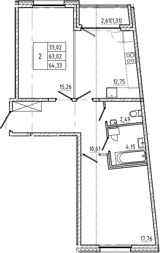 Планировка: 2-комнатная квартира 63 м² в ЖК «Регенбоген»
