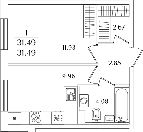Планировка: 1-комнатная квартира 31,5 м² в ЖК «Кинопарк»