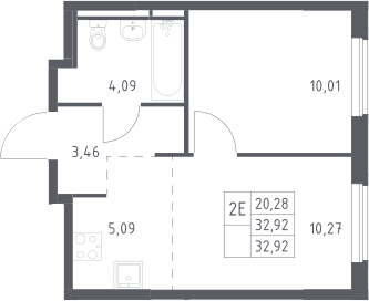Планировка: Евродвушка 32,9 м² в ЖК «Мытищи Парк»