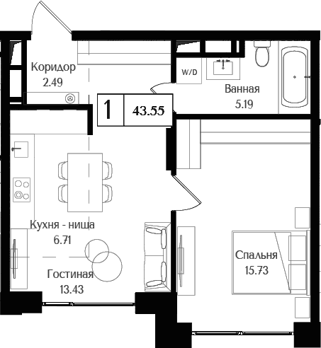 Планировка: Евродвушка 43,6 м² в ЖК «Преображенская площадь»