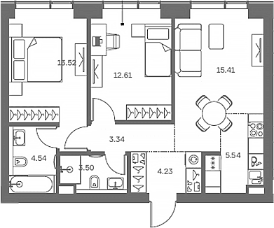 Планировка: Евротрёшка 62,7 м² в ЖК «TATE»