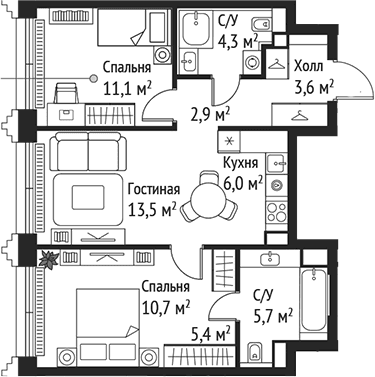 Планировка: Евротрёшка 63,2 м² в ЖК «СЕТ»