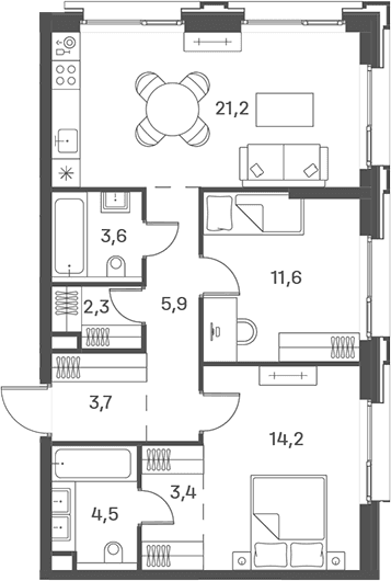 Планировка: Евротрёшка 70,4 м² в ЖК «Портленд»