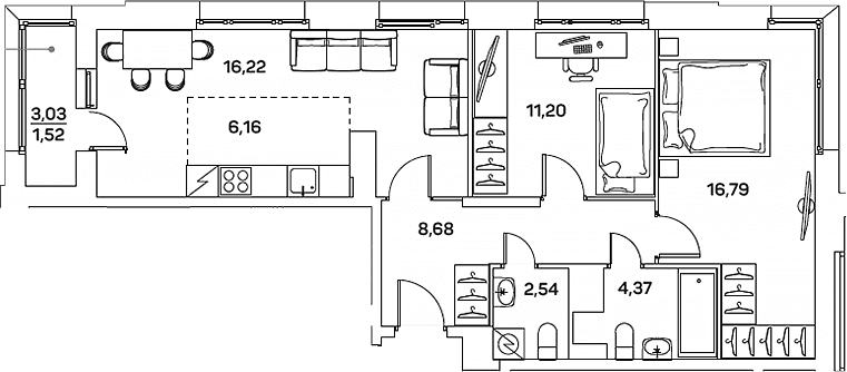 Планировка: Евротрёшка 66 м² в ЖК «Аквилон БИСАЙД 2.0»