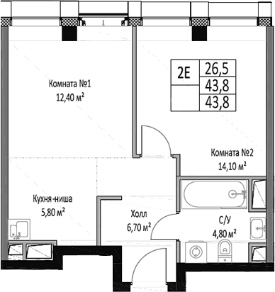 Планировка: Евродвушка 43,8 м² в ЖК «ЭМОУШН»
