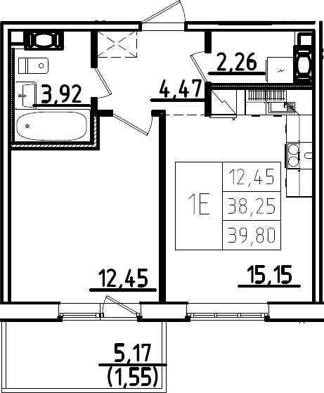 Планировка: Евродвушка 38,3 м² в ЖК «Ю Гатчина»
