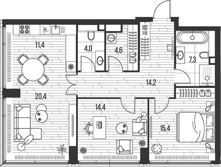 Планировка: Евротрёшка 91,7 м² в ЖК «HIGH LIFE»