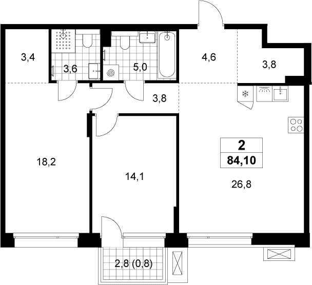 Планировка: Евротрёшка 83,3 м² в ЖК «Хольм»
