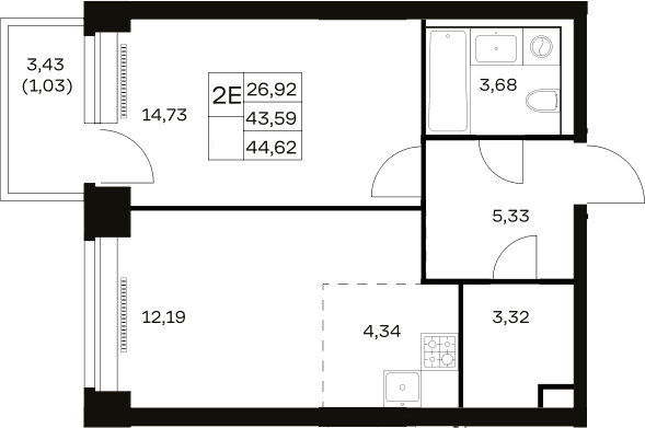 Планировка: Евродвушка 43,6 м² в ЖК «НОВА»