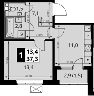 Планировка: 1-комнатная квартира 35,8 м² в ЖК «1-й Южный»