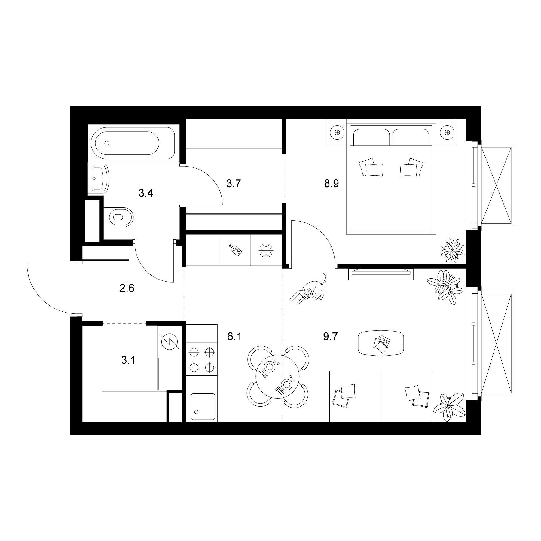 Планировка: 1-комнатная квартира 37,5 м² в ЖК «2-й Иртышский»