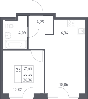 Планировка: Евродвушка 36,4 м² в ЖК «Прибрежный Парк»