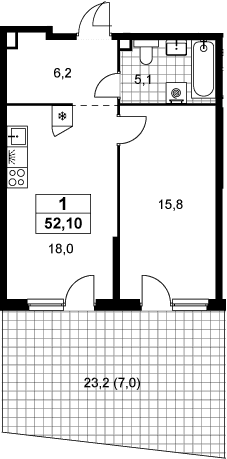 Планировка: Евродвушка 45,1 м² в ЖК «Прокшино»