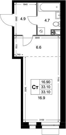 Планировка: Студия 33,1 м² в ЖК «Кореневский Форт 2.3»