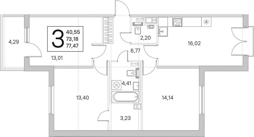 Планировка: Квартира евро-4 73,2 м² в ЖК «Любоград в Стрельне»