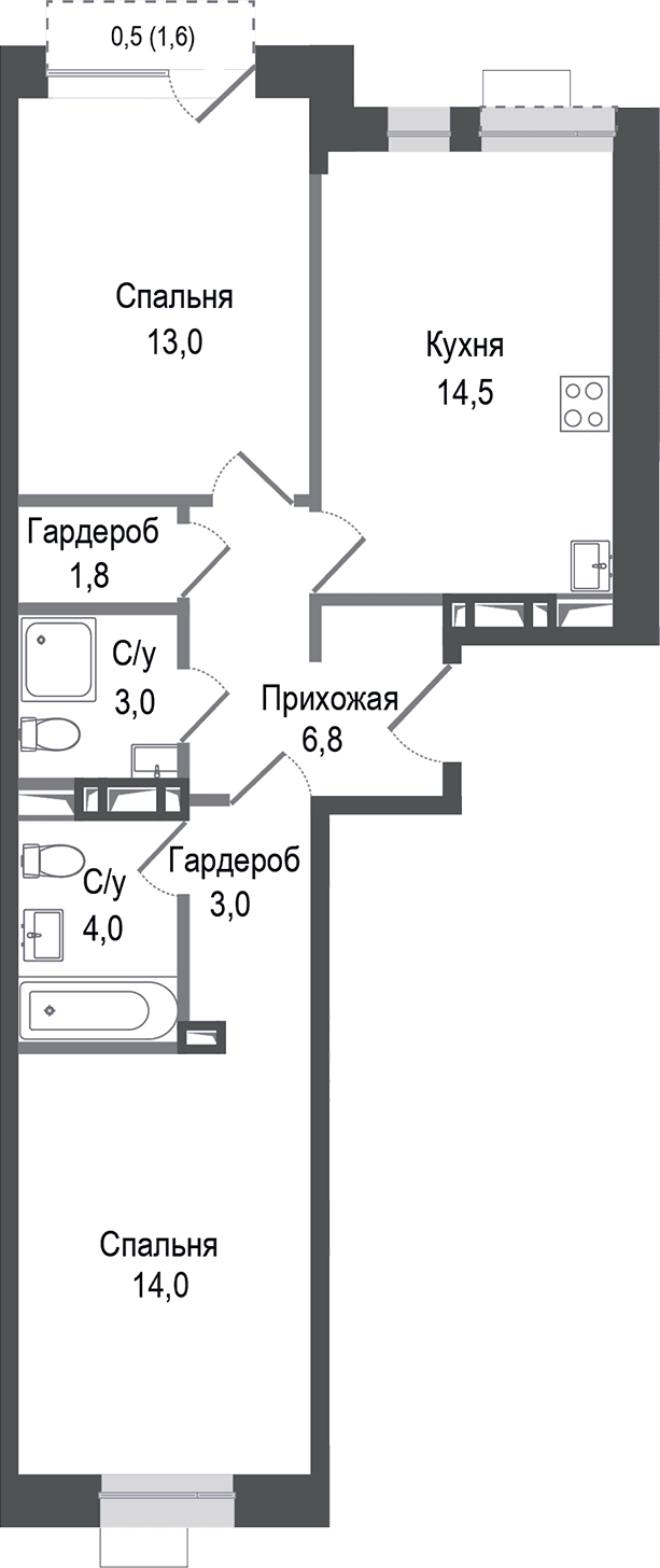 Планировка: 2-комнатная квартира 60,1 м² в ЖК «Киноквартал»