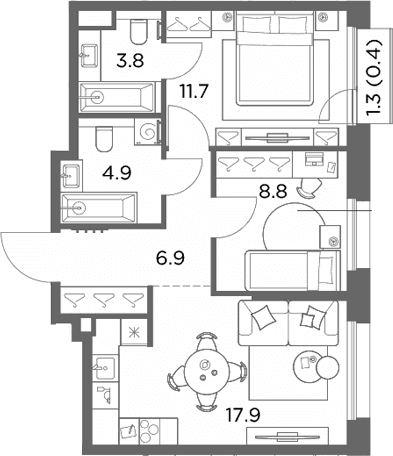 Планировка: 2-комнатная квартира 54 м² в ЖК «Станиславский»