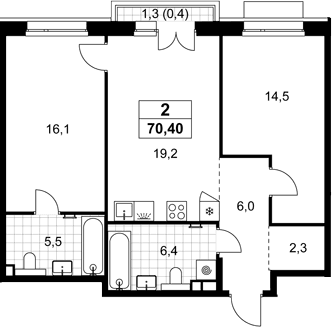 Планировка: Евротрёшка 70 м² в ЖК «Хольм»