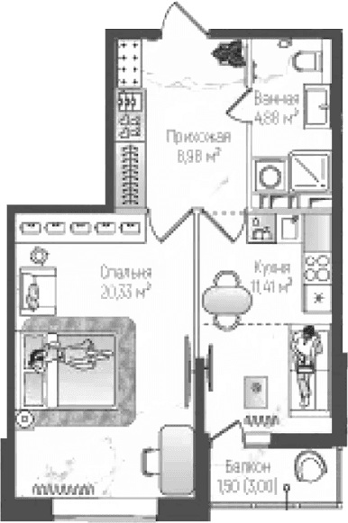 Планировка: Евродвушка 45,6 м² в ЖК «Рига Хиллс»