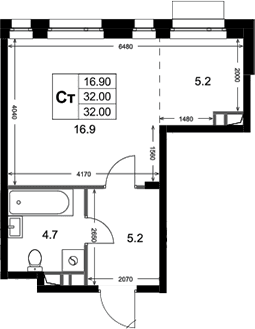 Планировка: Студия 32 м² в ЖК «Кореневский Форт 2.3»