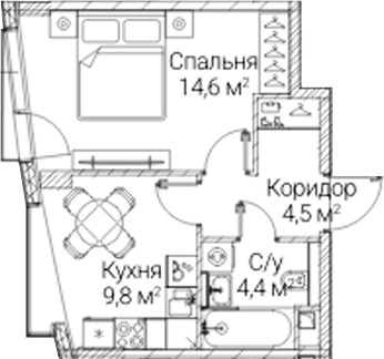 Планировка: 1-комнатная квартира 33,3 м² в ЖК «СЕЗАР БУДУЩЕЕ»
