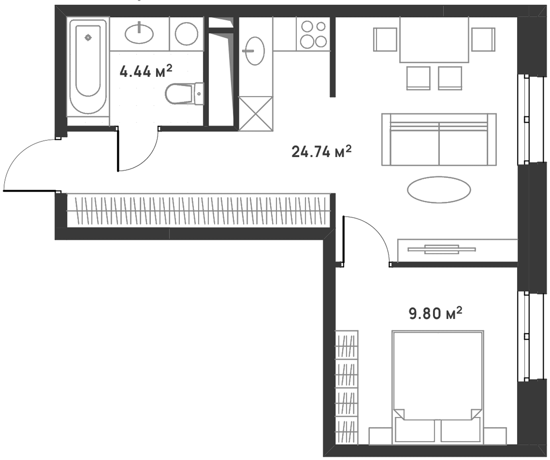Планировка: 1-комнатная квартира 39 м² в ЖК «Дюна»