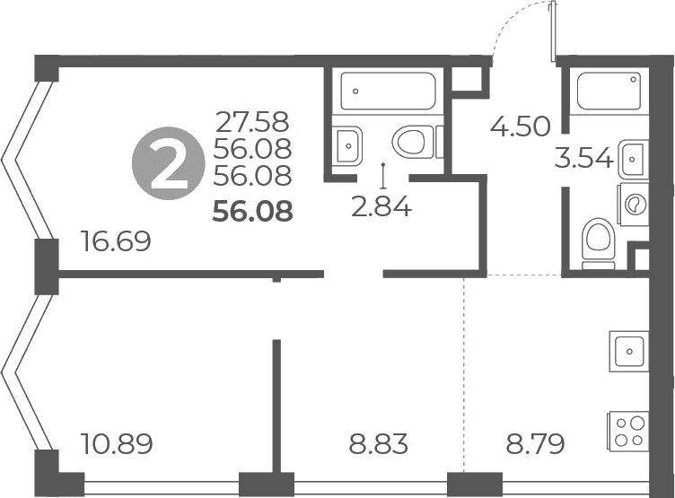 Планировка: 2-комнатная квартира 56,1 м² в ЖК «Мневники от Гранель»