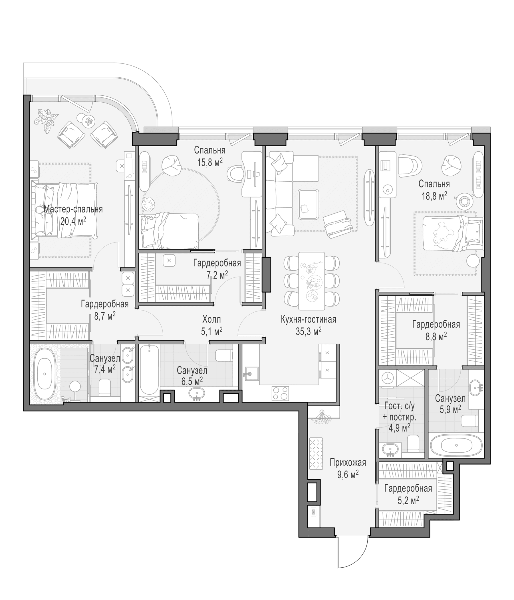 Планировка: Квартира евро-4 161,6 м² в ЖК «Дом Палашевский 11»