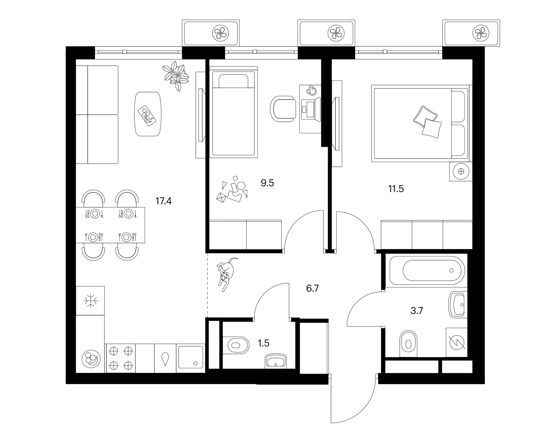 Планировка: 2-комнатная квартира 50,3 м² в ЖК «Белая Дача парк»