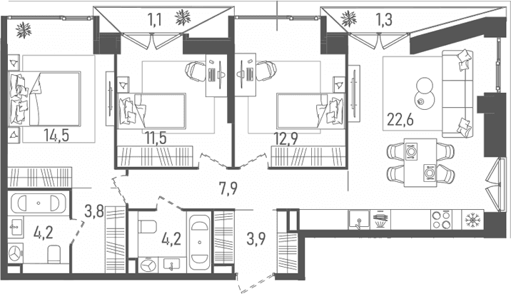 Планировка: Квартира евро-4 85,5 м² в ЖК «ТАТУМ»