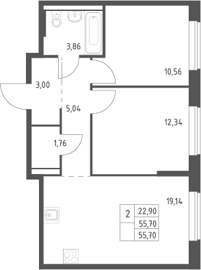 Планировка: Евротрёшка 55,7 м² в ЖК «Большое Юрлово»