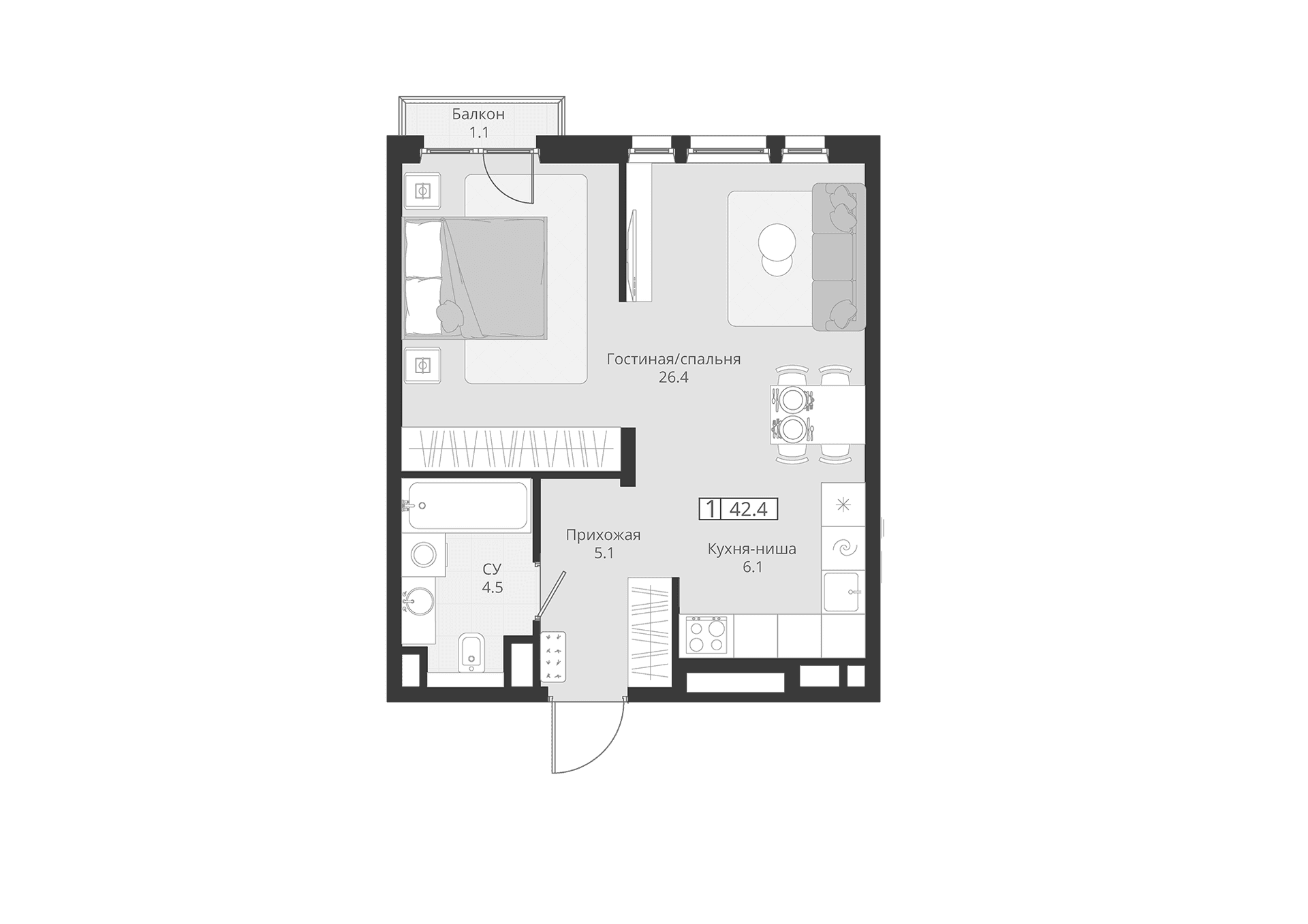 Планировка: Студия 42,1 м² в ЖК «ГРЭЙ»