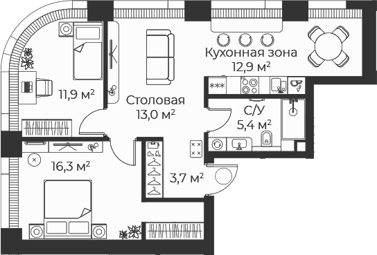 Планировка: Евротрёшка 63,2 м² в ЖК «Веер»