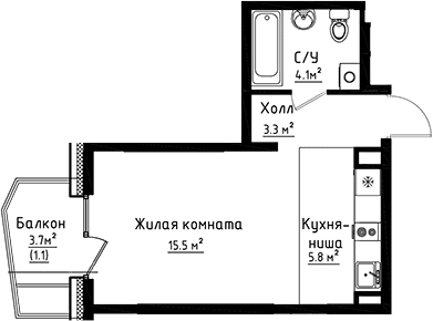 Планировка: Студия 28,7 м² в ЖК «Коллекция»