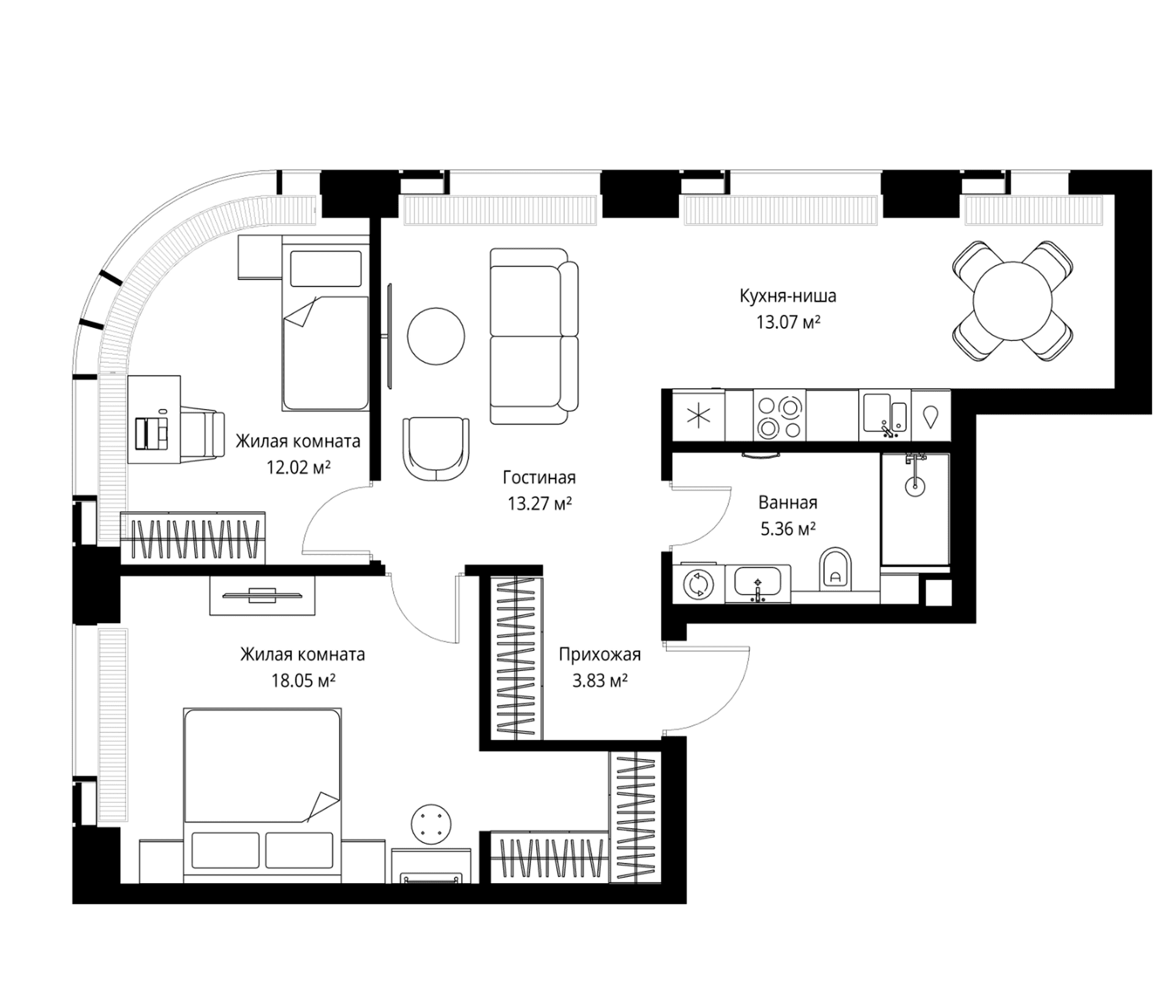 Планировка: Евротрёшка 65,6 м² в ЖК «Веер»