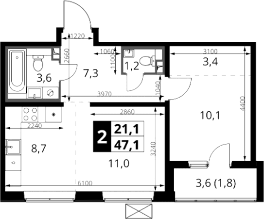 Планировка: Евродвушка 45,3 м² в ЖК «1-й Южный»