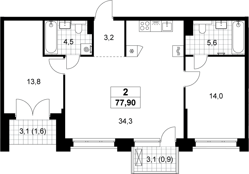 Планировка: Евротрёшка 75,4 м² в ЖК «Хольм»