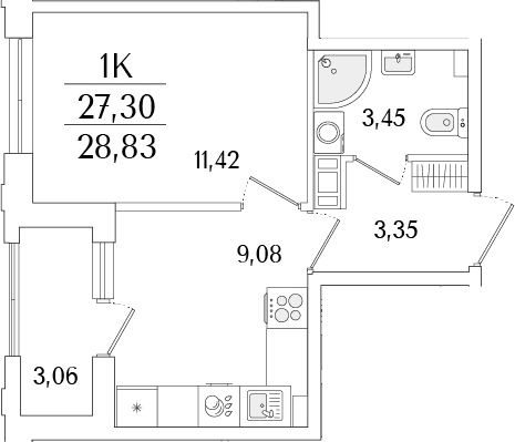 Планировка: 1-комнатная квартира 27,3 м² в ЖК «Гранат»