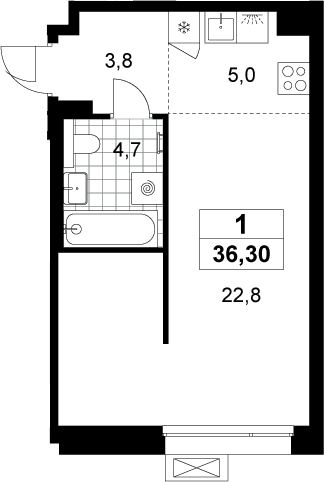 Планировка: Студия 36,3 м² в ЖК «Хольм»