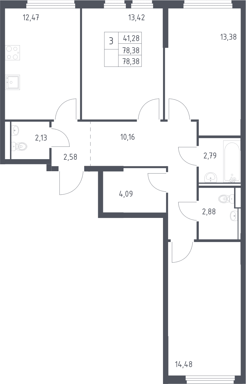 Планировка: 3-комнатная квартира 78,4 м² в ЖК «Пригород Лесное»