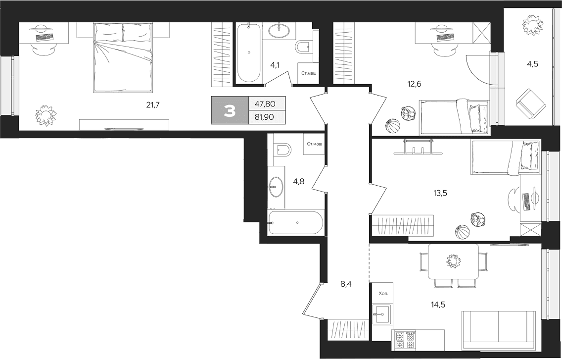 Планировка: 3-комнатная квартира 79,7 м² в ЖК «Ласточкино»