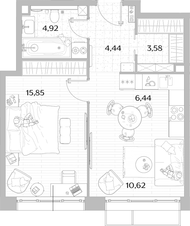 Планировка: Евродвушка 45,9 м² в ЖК «МЫС»