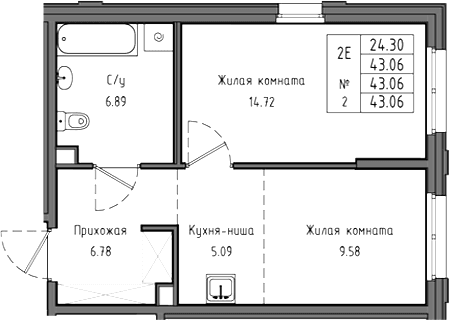 Планировка: Евродвушка 43,1 м² в ЖК «Тишин»