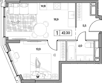 Планировка: Евродвушка 42,3 м² в ЖК «Дрим Рива»