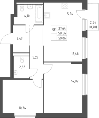 Планировка: Евротрёшка 58,4 м² в ЖК «Горки Парк»
