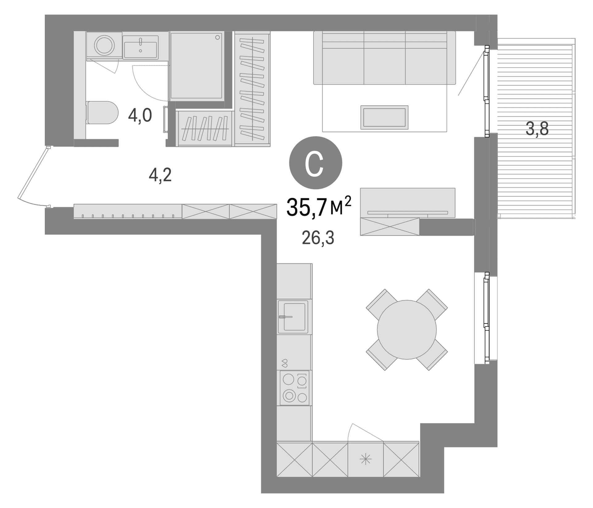 Планировка: Студия 37,2 м² в ЖК «Брусника в Новоселье»